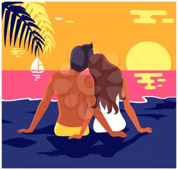 Couple in love sits on sandy beach and looks at blue deep ocean among tropical palms and sky with white clouds vector illustration banner