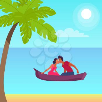 Summer love affair banner with kissing couple sailing together in one boat, relationships of strangers during vacation at summertime at seaside with palms