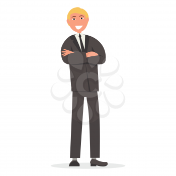 Man in suit with crossed arms on chest vector illustration in flat style design. Nonverbal language clue, person cosy body posture during talk