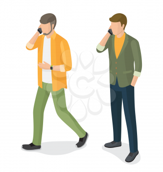 Adult men in jackets speaking on telephone, communication by smartphone vector isolated on white. Student or college boy cartoon character, stylish guys
