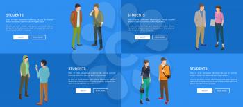 Students collection of banners with blue background and text. Isolated vector illustration of teenage boys and girl communicating during break