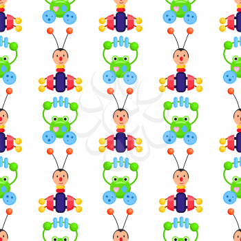 Rattle frog and bug playthings on wrapping paper. Vector seamless pattern of colorful small beanbags for children on white