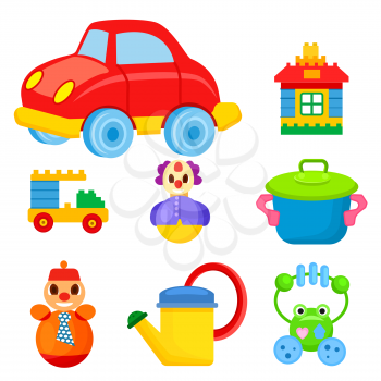 Big red car, toy house, car constructor, funny clown, colorful saucepan, roly-poly in tie, yellow watering can and frog beanbag vector illustrations.
