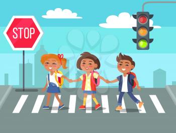 Children crossing road against city skyline background. Cartoon style vector illustration of boys and girls with rucksacks on crosswalk near stop sign
