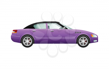 Transport. Picture of isolated violet automobile. Classical mean of transportation with shifted black roof. Contemporary four-wheeled automobile in cartoon style. Four doors. Flat design. Vector
