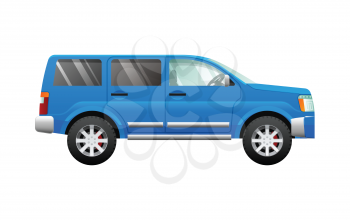 Blue sport utility car in cartoon style illustration. Isolated four-wheeled vehicle in flat design. Fast mean of transportation. Four doors. Some shaded windows. Side view. Speed jeep. Vector