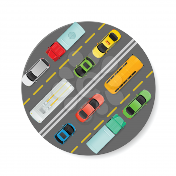 City traffic vector icon. Passenger cars, truck, bus, trolleybus goes on road top view flat vector illustration. Urban transport. Traffic on town road concept. For city infographics, web design