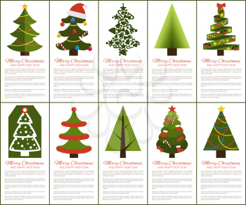 Merry Christmas and happy New year greeting cards, set of posters with text and types of decorated Xmas trees with balls and garlands, abstract vector