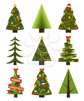 Set of decorated Christmas trees of different shapes and abstract forms, topped by star or santa hat, New year symbol 2018 icons isolated on white vector