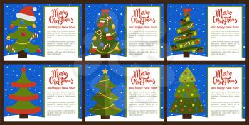 Merry Christmas set of postcards with headings and text sample, trees decorated with balls and bells, stars and mistletoes vector illustration