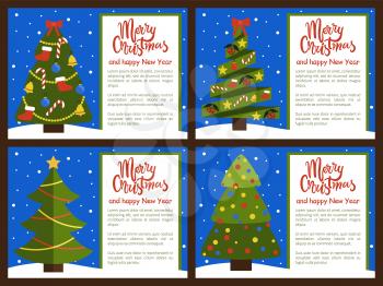 Merry Christmas and Happy New Year posters set of trees, ribbons decoration elements, stars and candies, balls and mistletoe vector with place for text