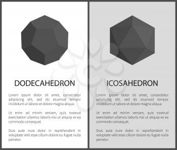 Dodecahedron and icosahedron set of geometric shapes dodecahedron and icosahedron collection vector illustration isolated on white and grey background