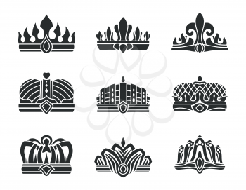 Royal crowns with unusual design monochrome set. Crowns with sharp top and in form of hat. Heraldic symbols of power isolated vector illustrations.