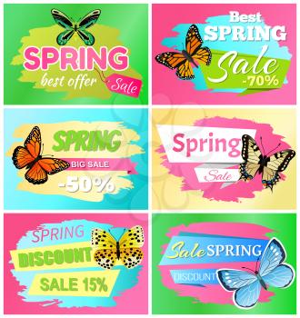 Best spring big sale banners with headlines in ribbons, butterflies types, spring sale and discount vector illustration isolated on green background