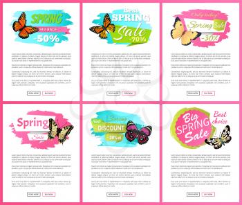 Morpho springtime creatures vector promo labels sale concept. Sale spring discount labels on online poster butterflies with dots, ornaments and antenna,