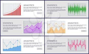 Analytics and statistics, color charts collection, vector illustration, business strategy data, information in varied charts view, text and buttons