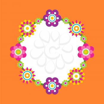 Photo frame made of abstract flower blossoms, vector illustration of springtime flowers in cartoon style, blooming elements isolated on orange backdrop