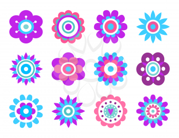 Geometric shape flowers made of simple circles and dots, vector flower heads in blue and pink color vector abstract spring blossoms isolated on white