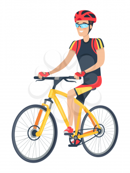 Riding man wearing costume and helmet with glasses, with smile on face and bike, recreation and travelling, vector illustration isolated on white