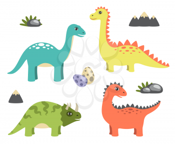 Dinosaurs collection and icons of mountain, rock and eggs, triceratops and sauropods dinosaurs, vector illustration, isolated on white background