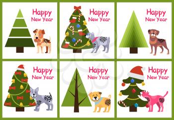 Set of happy New Year posters with abstract Christmas trees and cute puppies with spots vector illustration greeting cards with symbol of year 2018