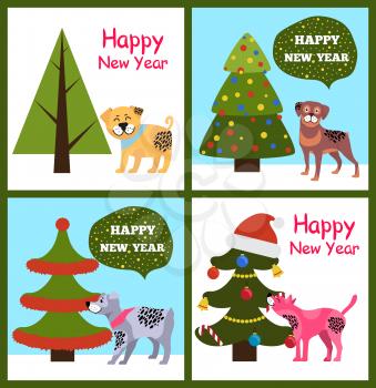 Happy New Year posters with congratulations from cartoon dogs and abstract xmas trees vector illustration greeting cards isolated on white background