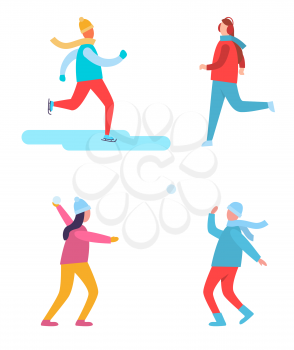 Peoples winter activities, man dressed in hat and scarf skiing, couple wearing warm clothes playing snowball fight together vector illustration