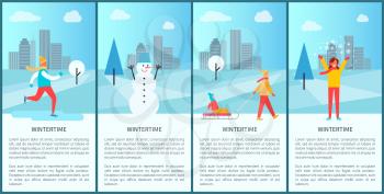 Wintertime city set of posters with happy people having fun in snowy park. Vector illustration with kids playing snowballs or making big snowman