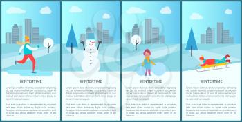 Wintertime park set of posters with people having fun in city park. Vector illustration with ice-skating sportsman, funny snowman and sledding adult