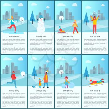 Wintertime collection of banners, snowman and family, happy woman with snowflakes, mother and kid walking their dog isolated vector illustrations set