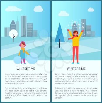 Wintertime activities in city set of two posters with kid making snowman and adult woman playing with snow. Vector illustration with happy people in city park