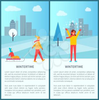 Wintertime snowy town park posters with people sledding and having fun on snow. Vector illustration with happy warm dressed people on urban background