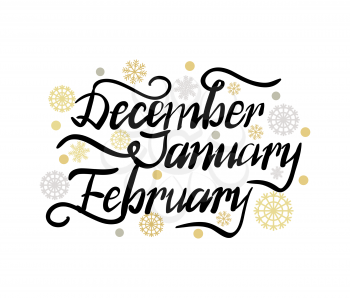 December january february winter months inscription on background of golden and silver snowflakes and snowballs vector illustration isolated on white