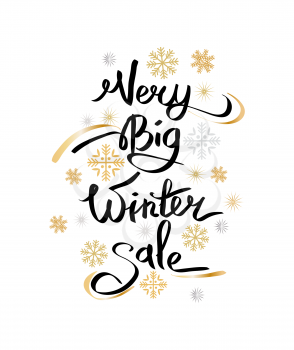 Very big winter sale inscription on background of snowflakes vector illustration isolated on white. Stylish advertising poster with calligraphic text