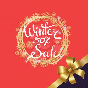 Winter sale 50 poster in decorative frame made of silver and golden snowflakes, snowballs of gold in x-mas border on black and red with bow and ribbon