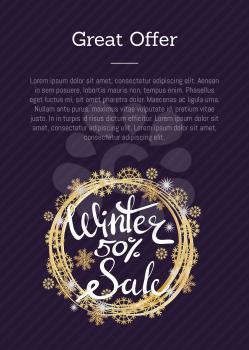 Great offer winter sale 50 poster in decorative frame made of silver and golden snowflakes and snowballs of gold in x-mas border on dark blue with text.