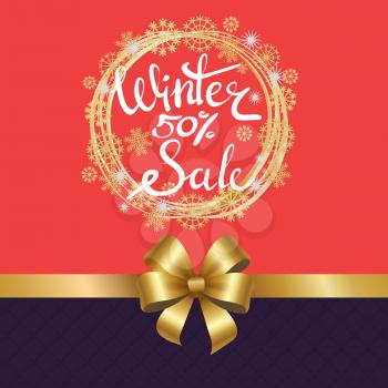 Winter sale 50 poster in decorative frame made gold snowflakes and circles, snowballs in x-mas border isolated pink and purple divided by golden ribbon