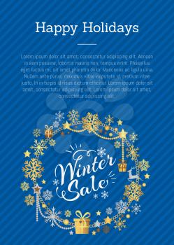 Happy holidays winter sale poster in decorative frame made of silver and golden snowflakes, snowballs of gold in x-mas border isolated on blue vector