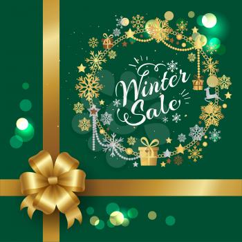 Winter sale written in circle of snowflakes and presents connected together with golden ribbons and bow vector illustration isolated on green