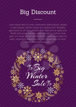 Big discount winter sale poster with place for text on purple, decorative frame made of golden snowflakes, snowballs of gold in x-mas concept vector