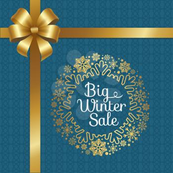 Big winter sale poster with gift bow, decorative frame made of golden snowflakes, snowballs of gold in xmas concept vector on ornamental blue