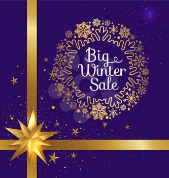 Big winter sale, white headline placed in circle with snowflakes, golden stars and ribbons vector illustration isolated on dark-blue
