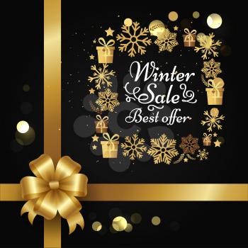 Winter sale best offer poster with gift bow, decorative square frame made of golden snowflakes, presents boxes in xmas concept vector on black with splashes