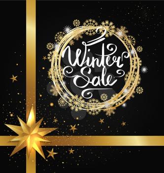 Winter sale poster in decorative frame made of silver and golden snowflakes bow with ribbon in corner, stars of gold in x-mas border isolated on black vector