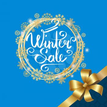 Winter sale poster in decorative frame made of silver and golden snowflakes, decorated in corner by gold bow with ribbon, isolated on blue vector banner