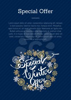 Special winter offer poster with text, decorative frame made of silver and golden snowflakes, snowballs of gold in x-mas border isolated on blue vector