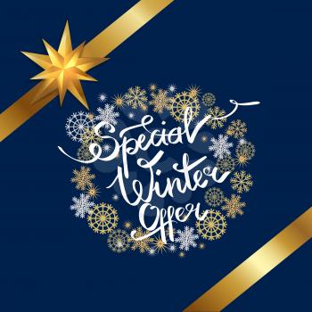 Special winter offer poster on blue background with golden ribbons in corners and decorative frame made of silver and golden snowflakes vector