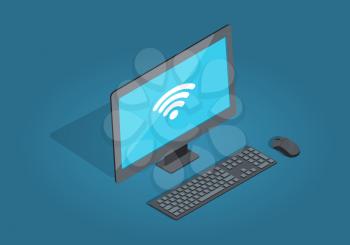 Wireless connection computer accessories in cartoon style on blue background. Monitor with white sign wi-fi, black keyboard and black wireless mouse flat and shadow design vector illustration