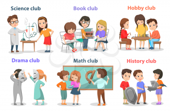 Science and book, hobby and drama, math and history club. School element, girl and boy learning chemistry, playing chess, reading book, pupil vector. Back to school concept. Flat cartoon