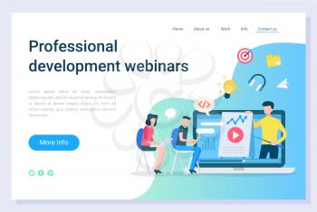 Professional development webinars, electronic library. Online education technology, communication with laptop, business teaching, learning vector. Webpage or website template, landing page flat style
